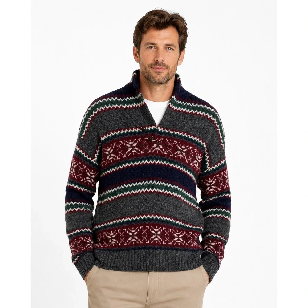Austin Reed Mens Shetland Wool Fair Isle Sweater Grey Burgundy Button Neck M